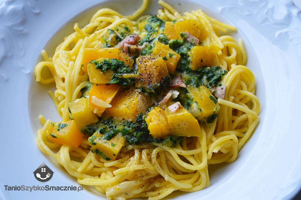Spaghetti ze szpinakiem, dynią i boczkiem_05aj